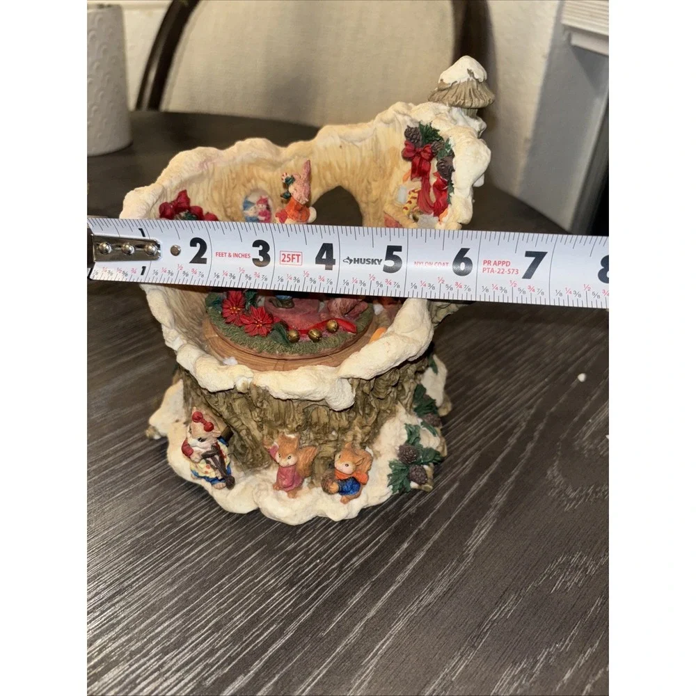 Vintage Music Box Ceramic Santa/elf/rabbits in tree spinning‎ Plays Melody